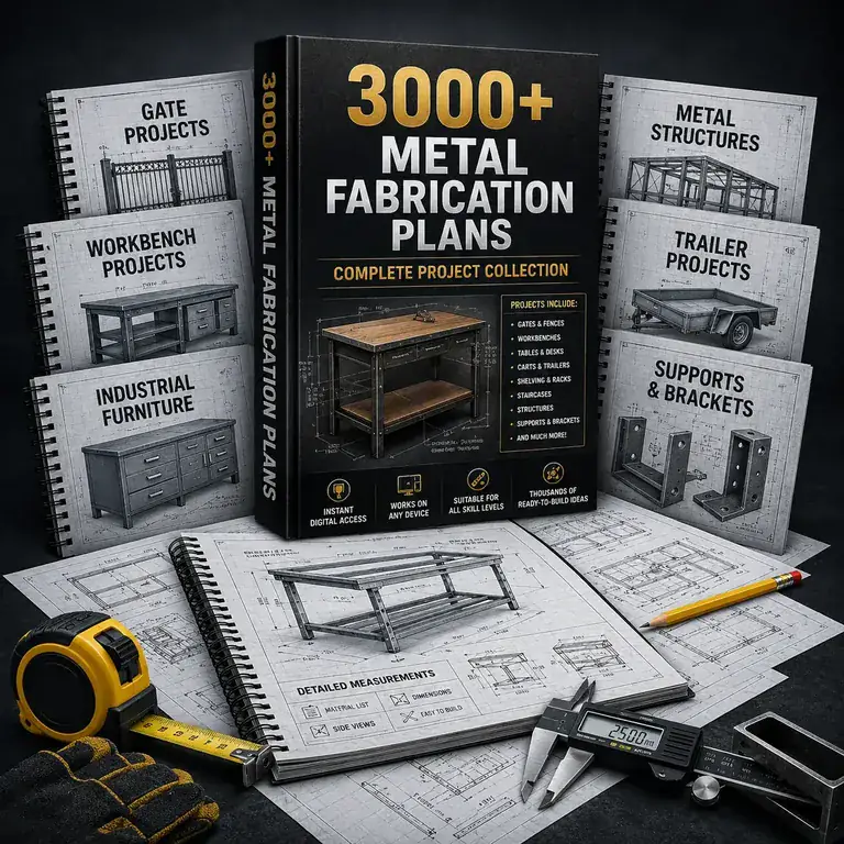 Product box showing the 3,000+ metal fabrication plans collection and included bonus materials.